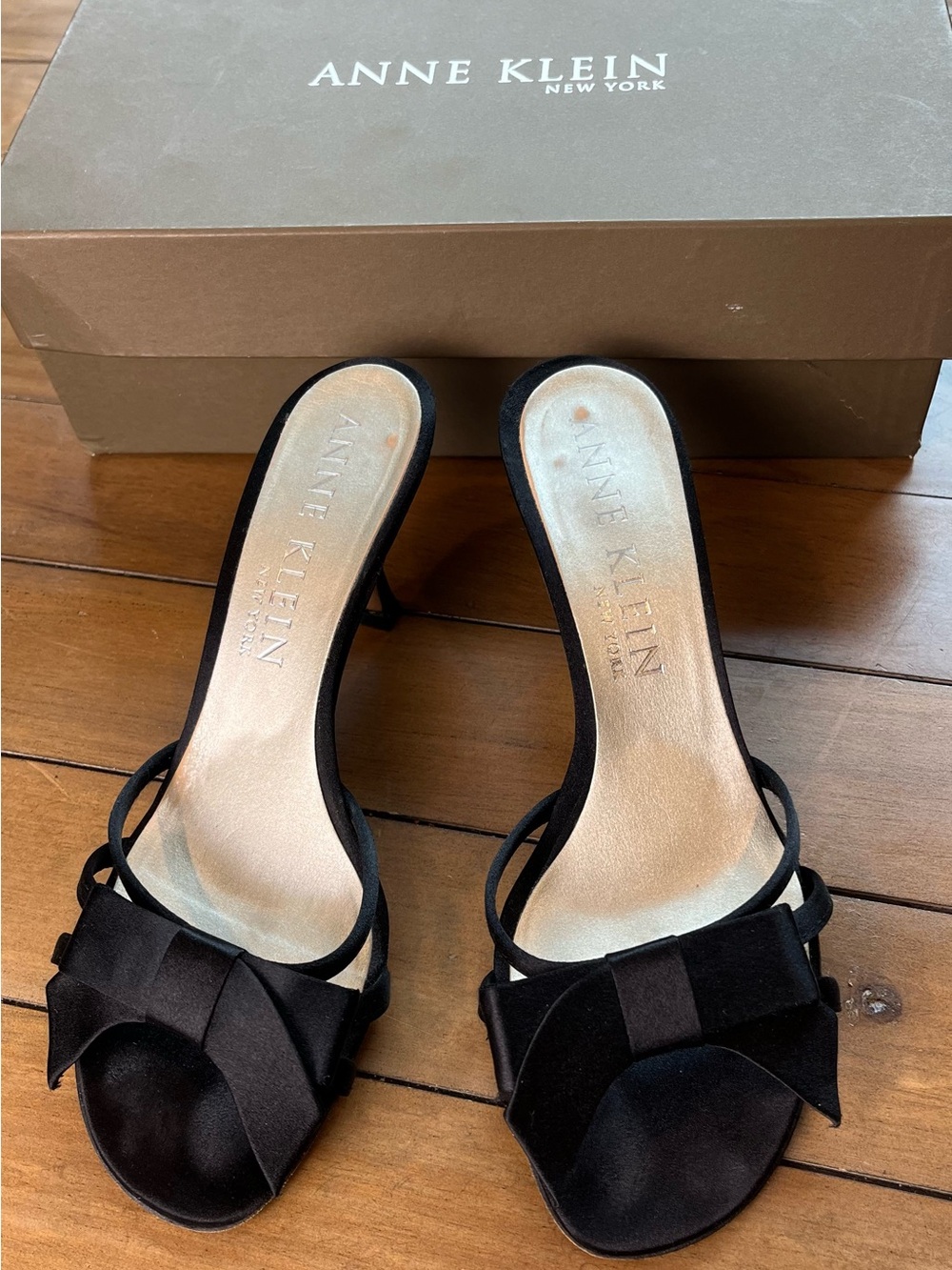 Anne Klein Black Satin Bow Heeled Mules